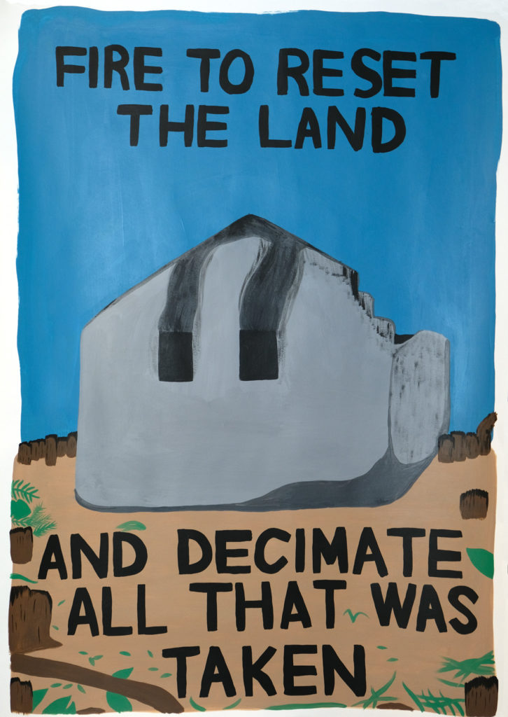 A painting of a burnt down church. The text on the painting reads: FIRE TO RESET THE LAND AND DECIMATE ALL THAT WAS TAKEN