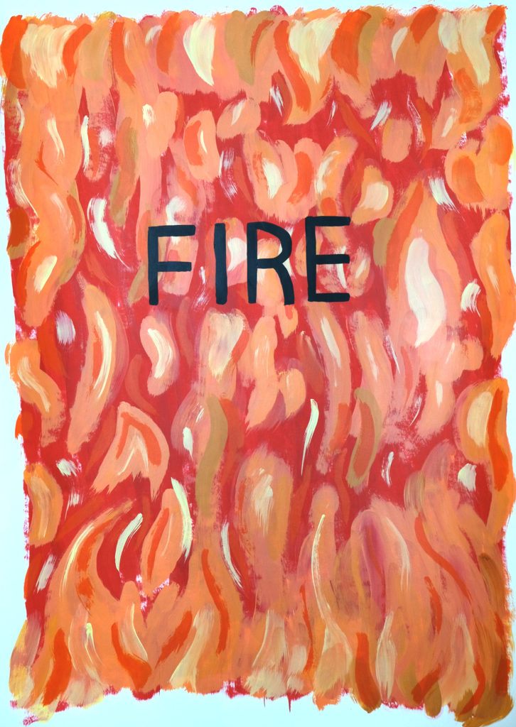 A painting of fire, with the word FIRE in the foreground