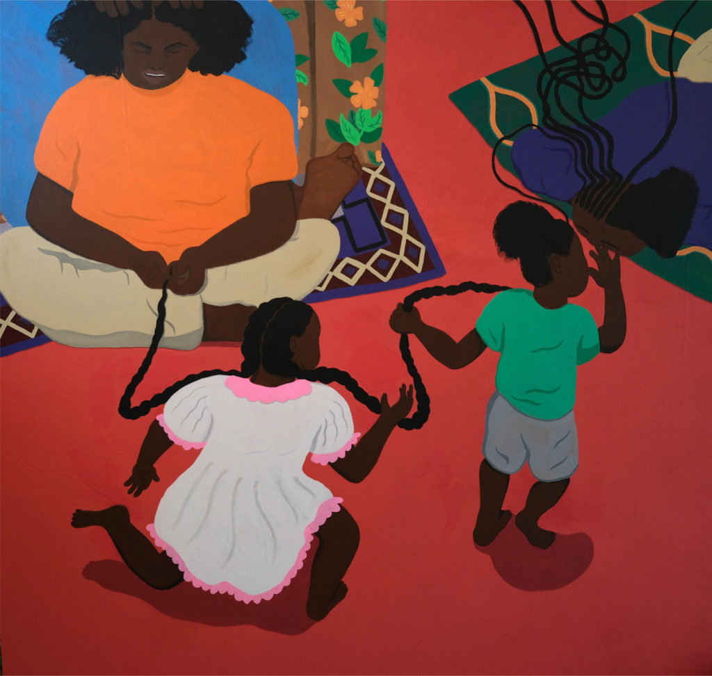 A painting of a family braiding each other's hair in a circle.